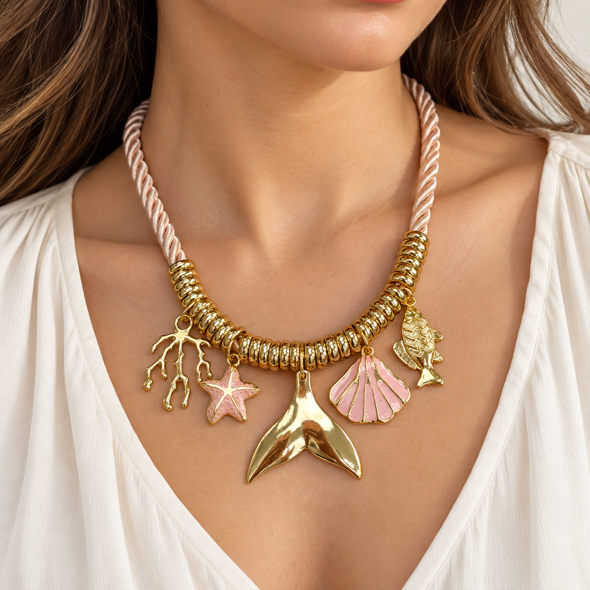 Blush Cord Mermaid Charm Necklace