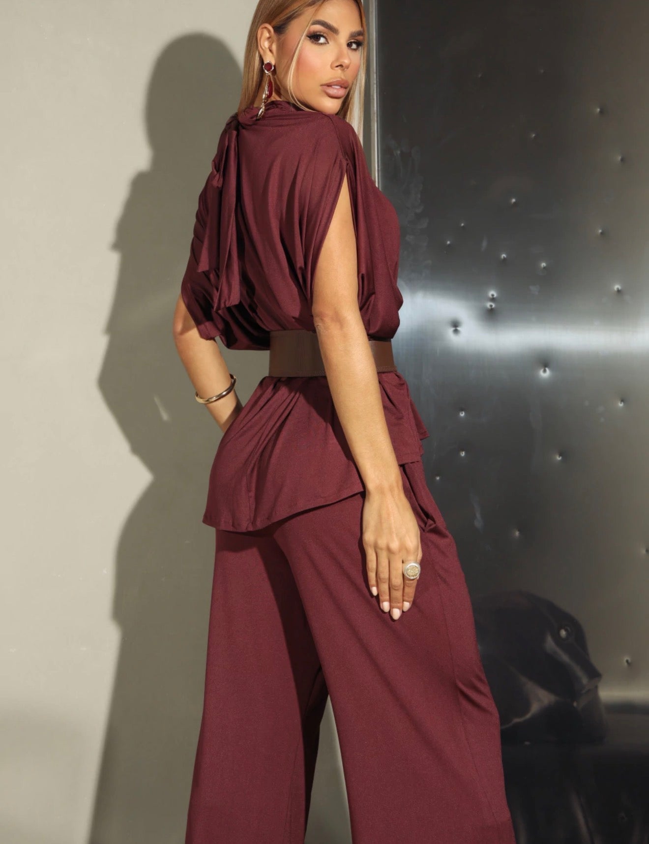 Keziah Draped Cape Top & Wide-Leg Pants Set