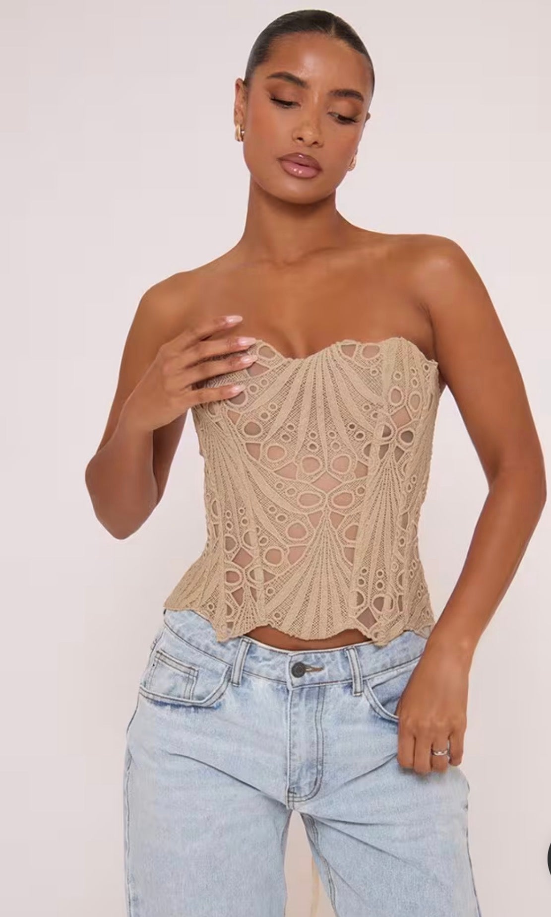 Bandeau Stretch Corset Top In Khaki Lace