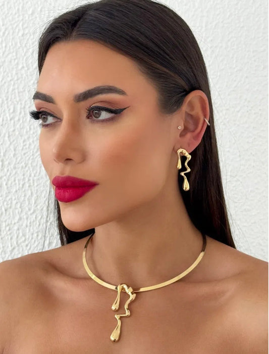 Choker and Earring Set, 18k Gold Plated, Melted Drops