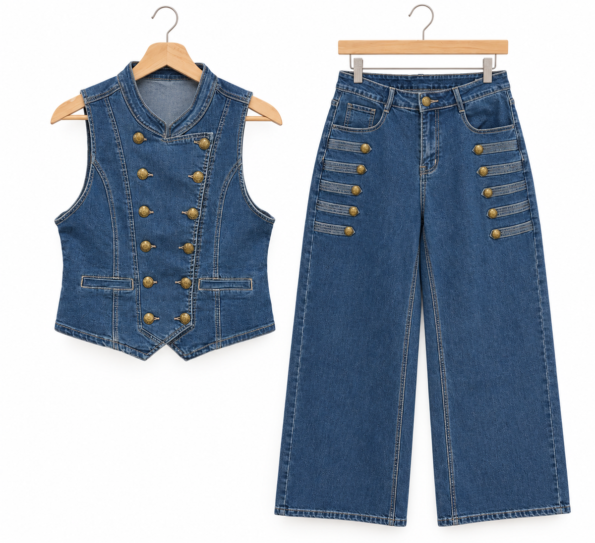 Double-Breasted Denim Vest & Wide-Leg Jeans Set