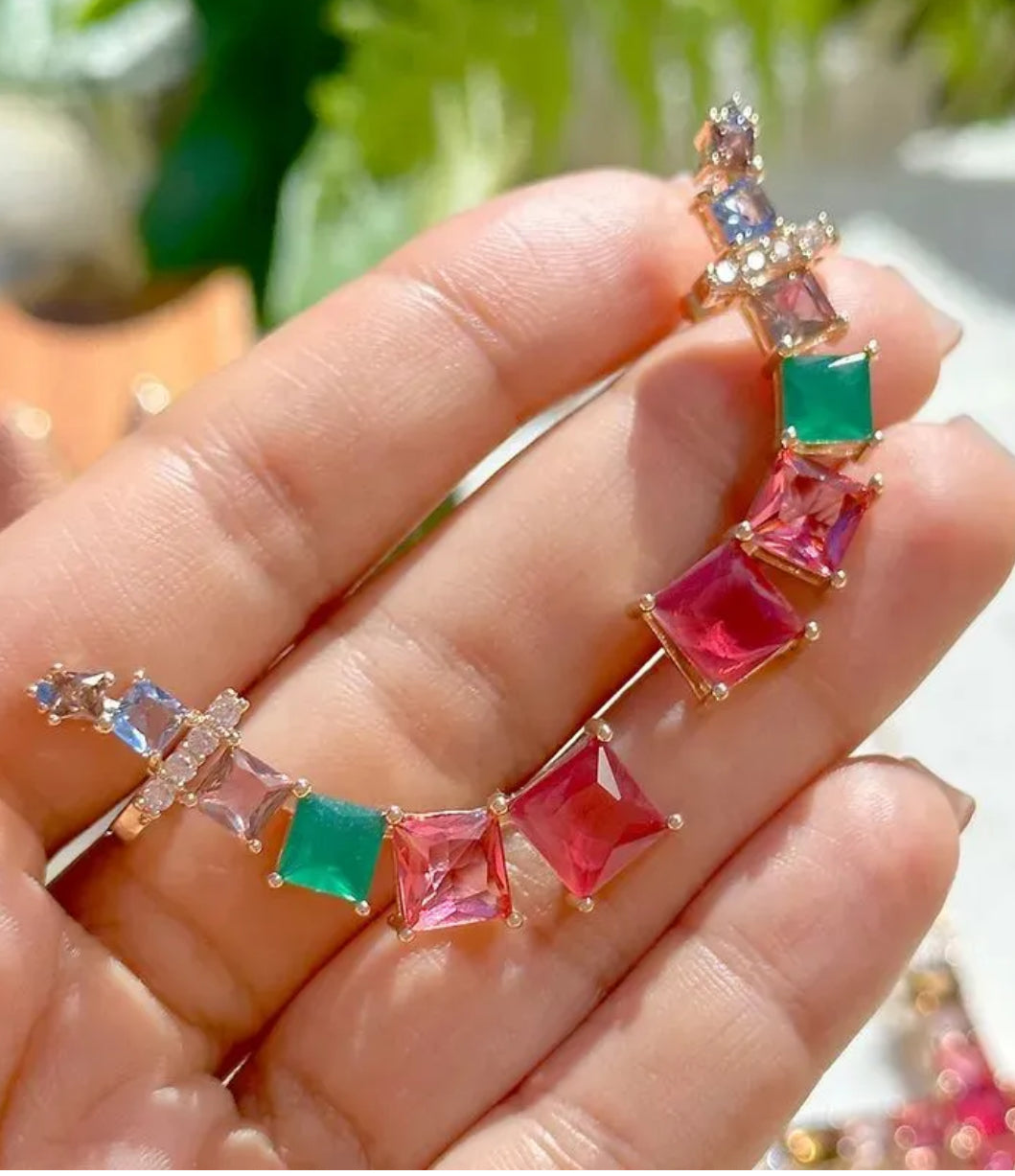 Gold-Plated Ear Cuff Earrings with Colorful Crystals