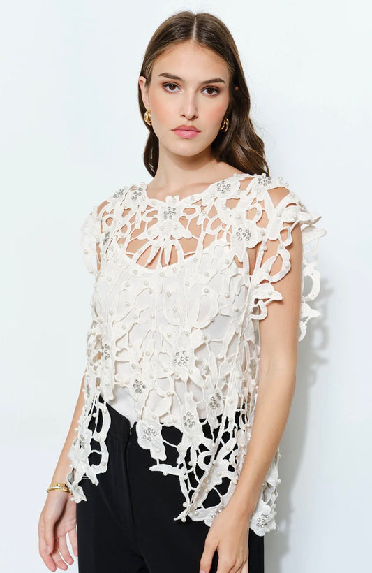 PEARL RHINESTONE EMBELLISHED LACE CUTOUT TOP