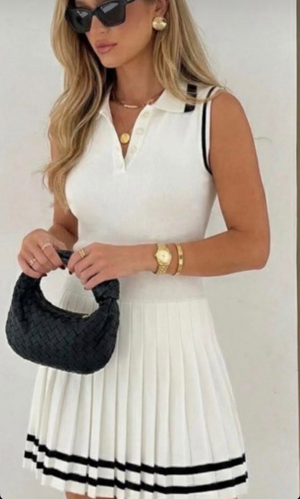 Ivory Knit Polo Top & Pleated Skirt Set