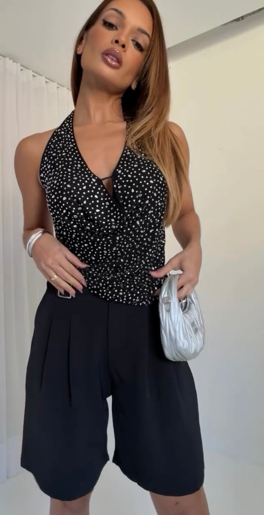 Glitzy Chic Rhinestone Cowl Halter Top