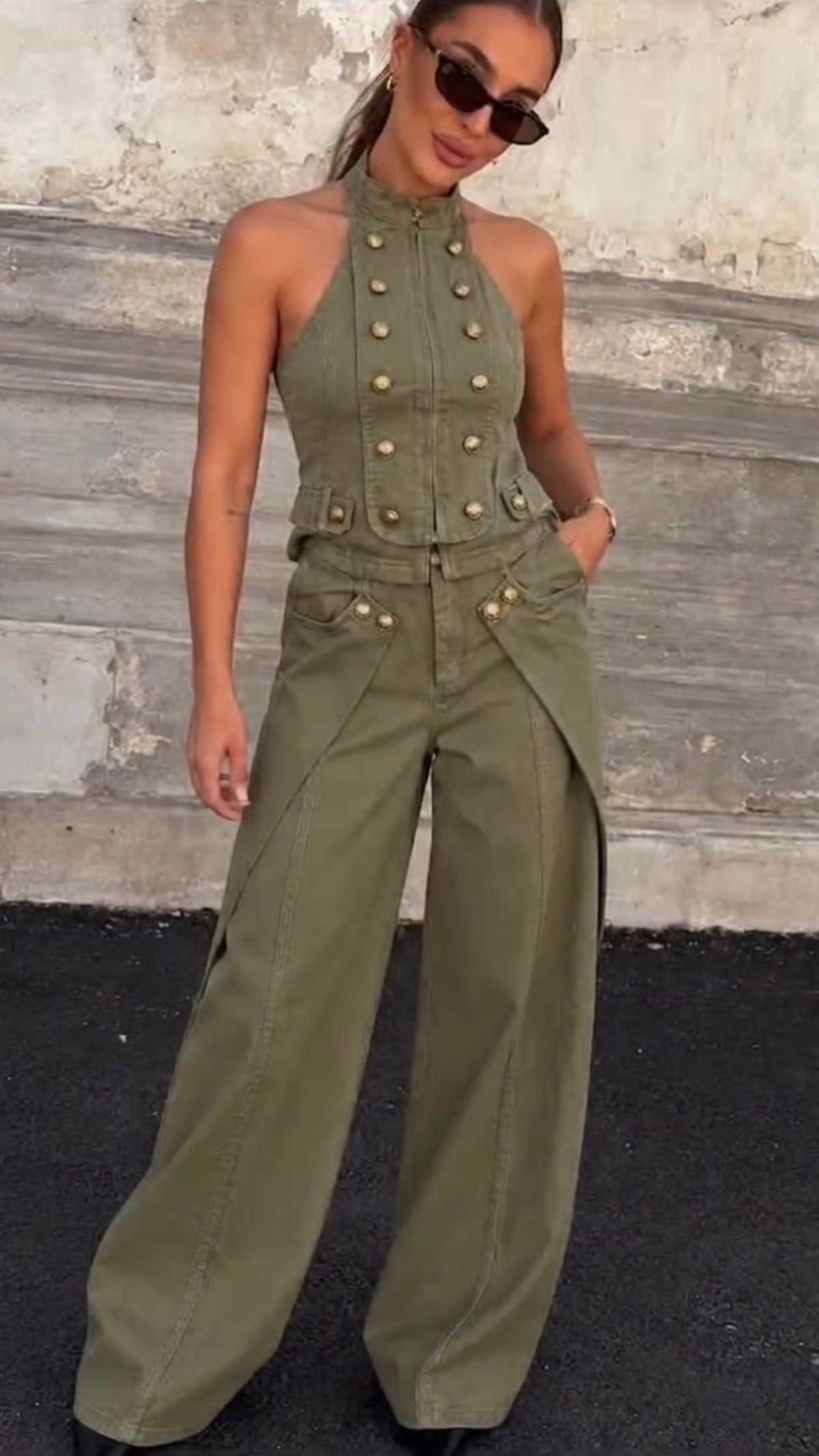 Olive Button-Detail Two-Piece Set