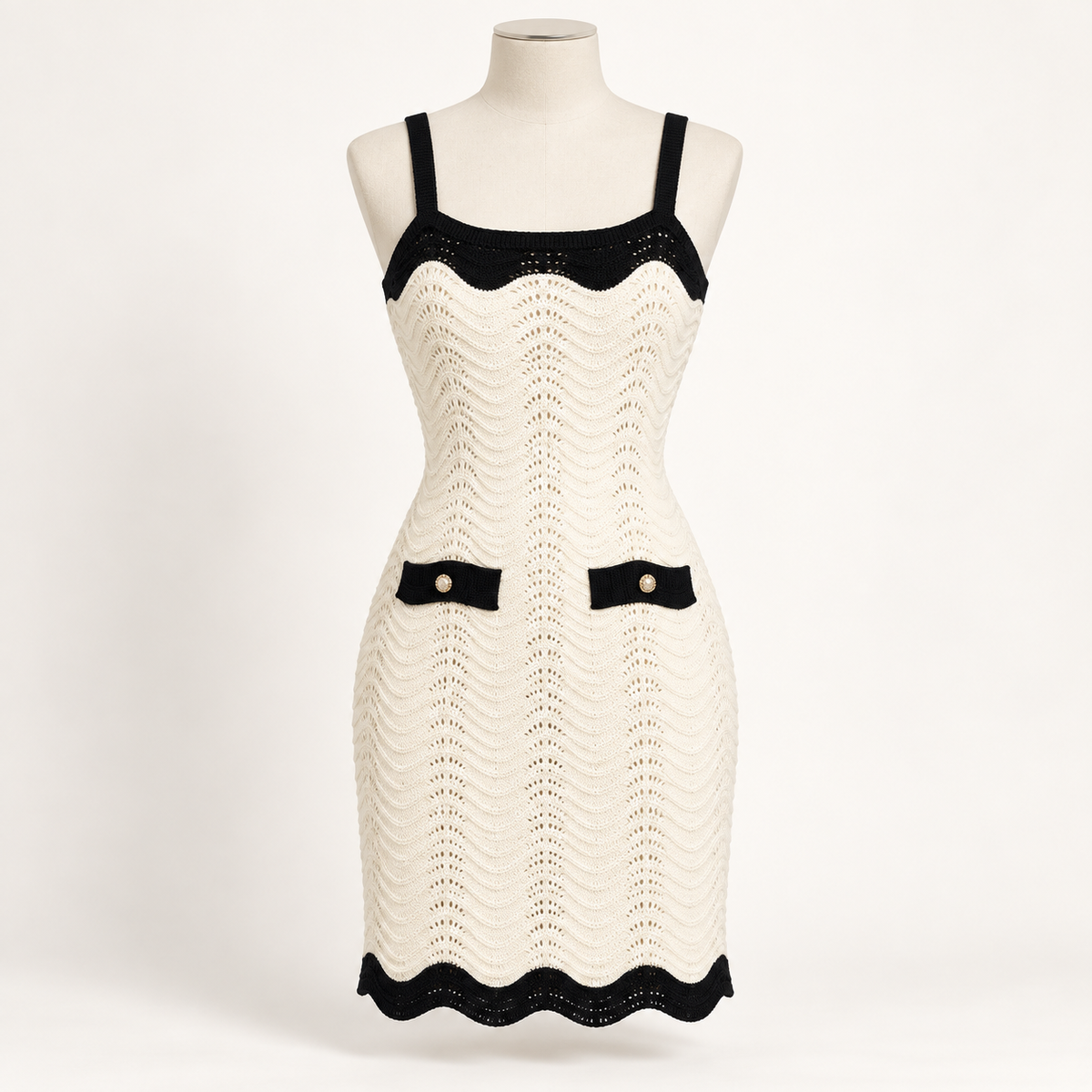 Ivory & Black Crochet Knit Mini Dress