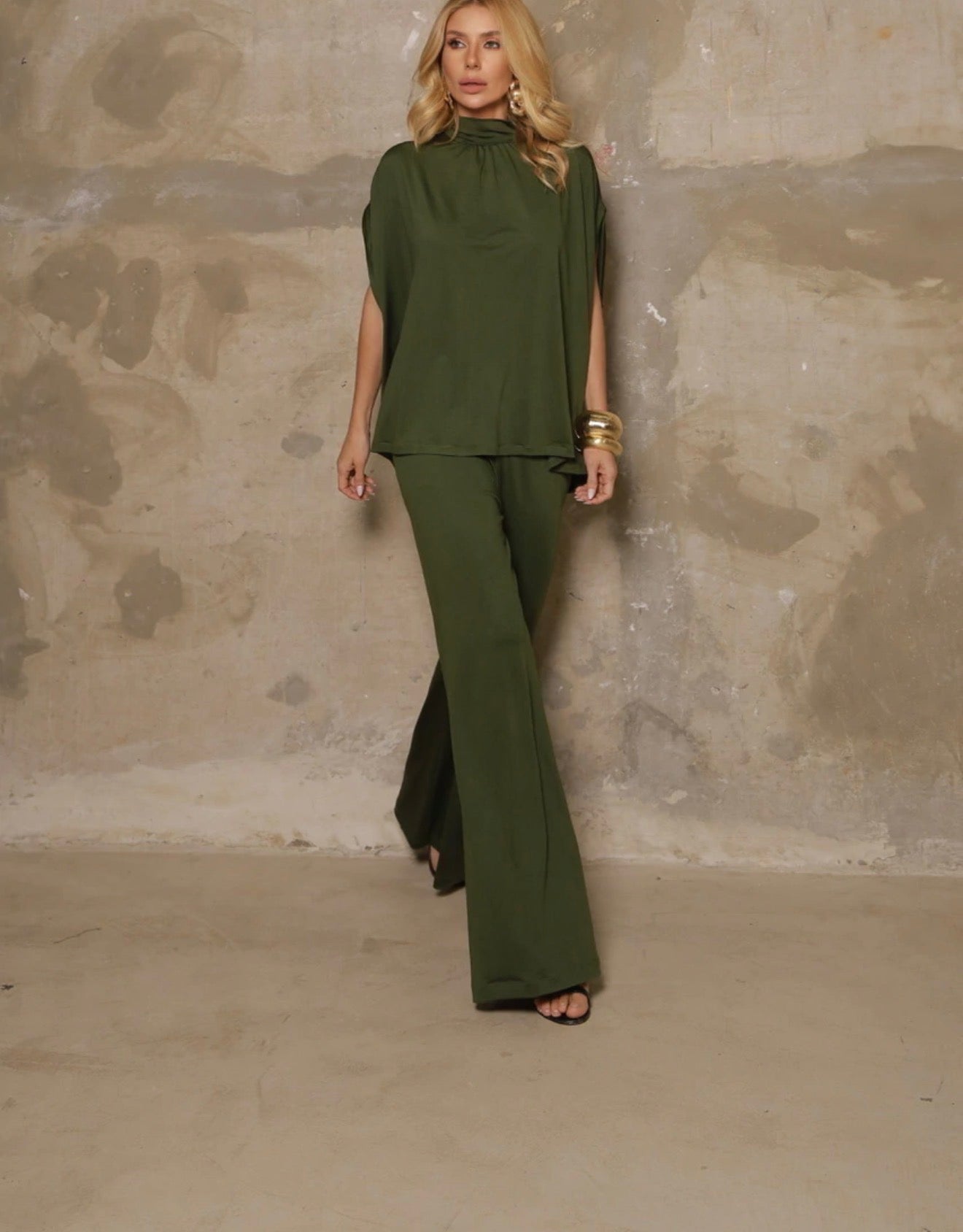 Keziah Draped Cape Top & Wide-Leg Pants Set