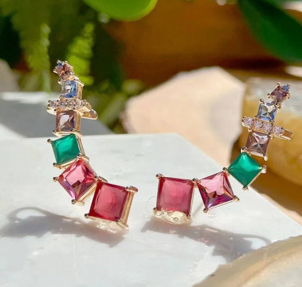 Gold-Plated Ear Cuff Earrings with Colorful Crystals