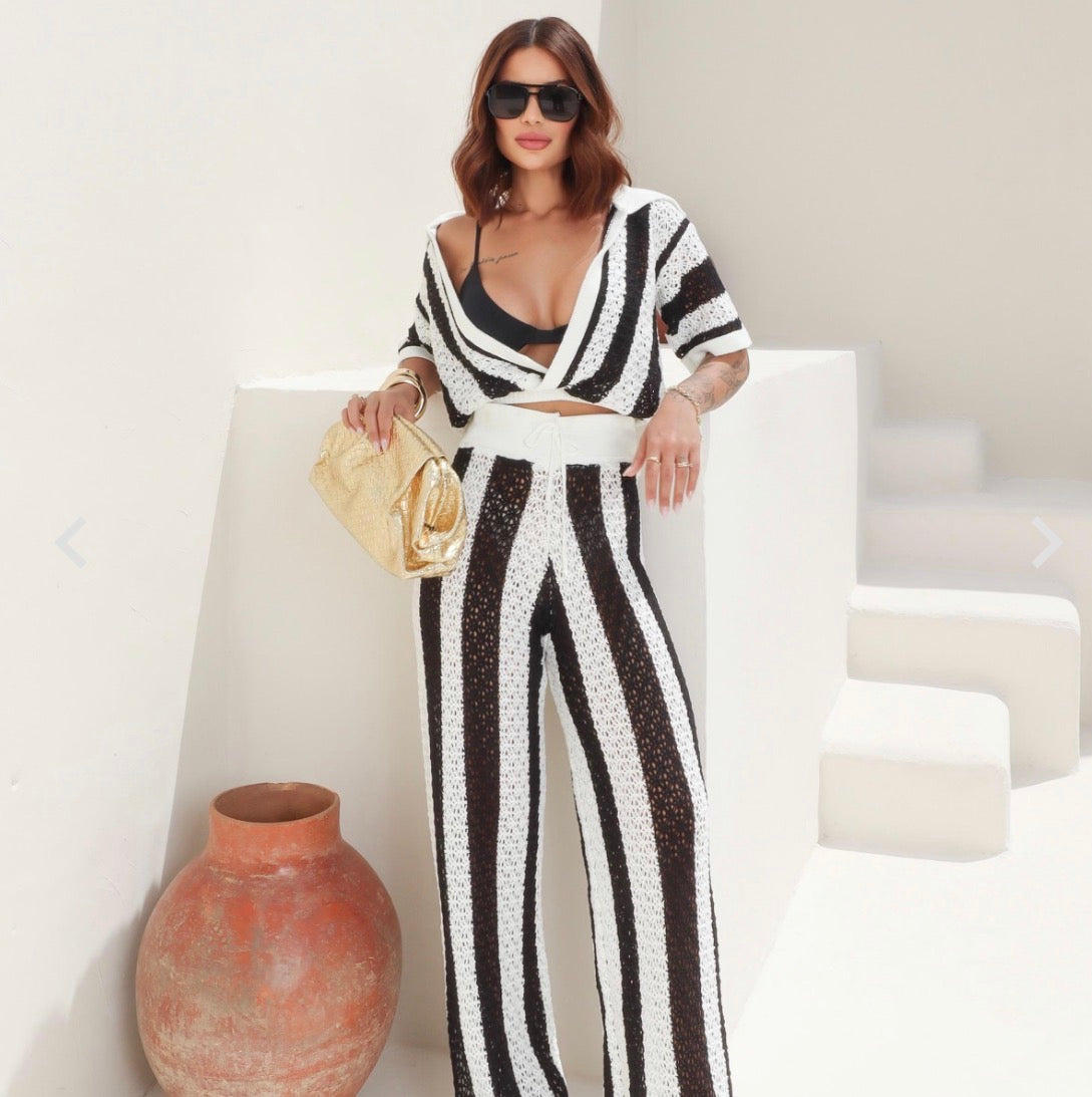 Striped Knit Set Pants Cropped Polo Neck Top