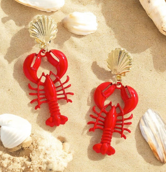 Red enamel lobster drop earrings with a gold-tone scallop seashell stud