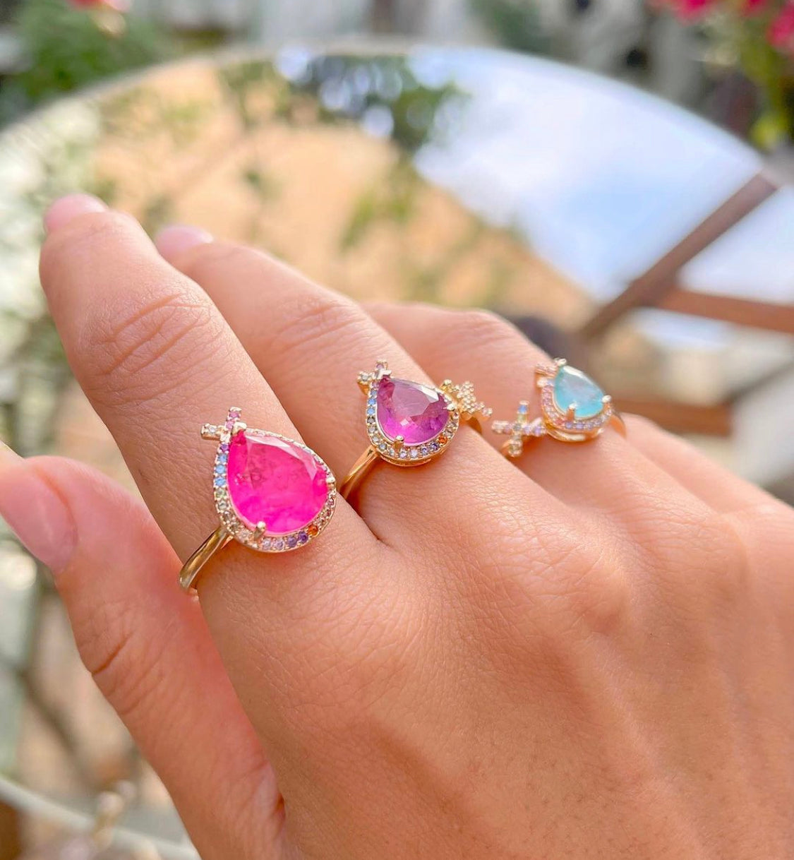 Pink Drop Tourmaline CZ colors gold plated ring