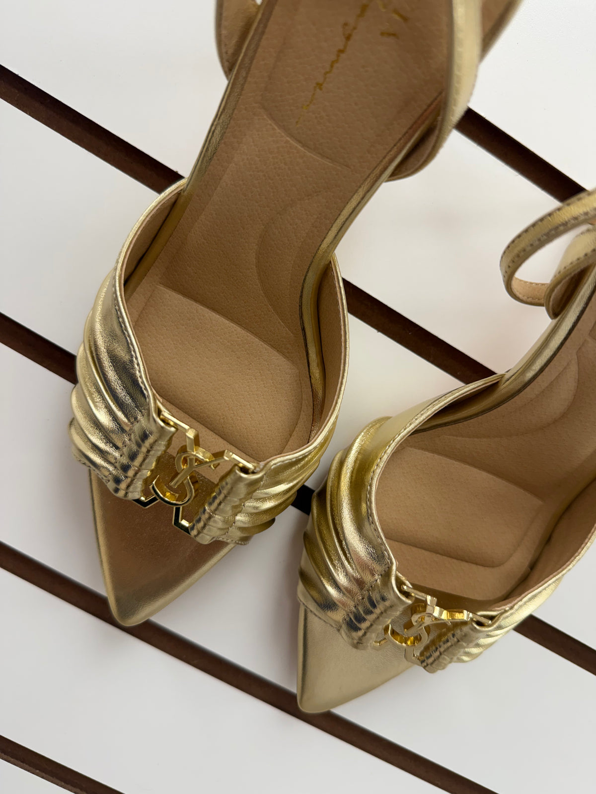 Ruched Ankle-Strap Heels with Gold-Tone Detail