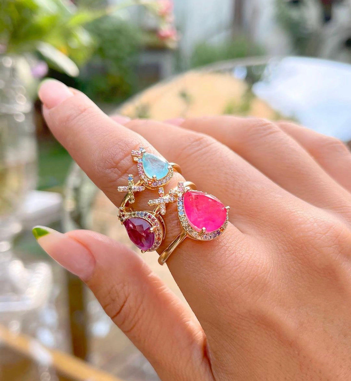 Pink Drop Tourmaline CZ colors gold plated ring