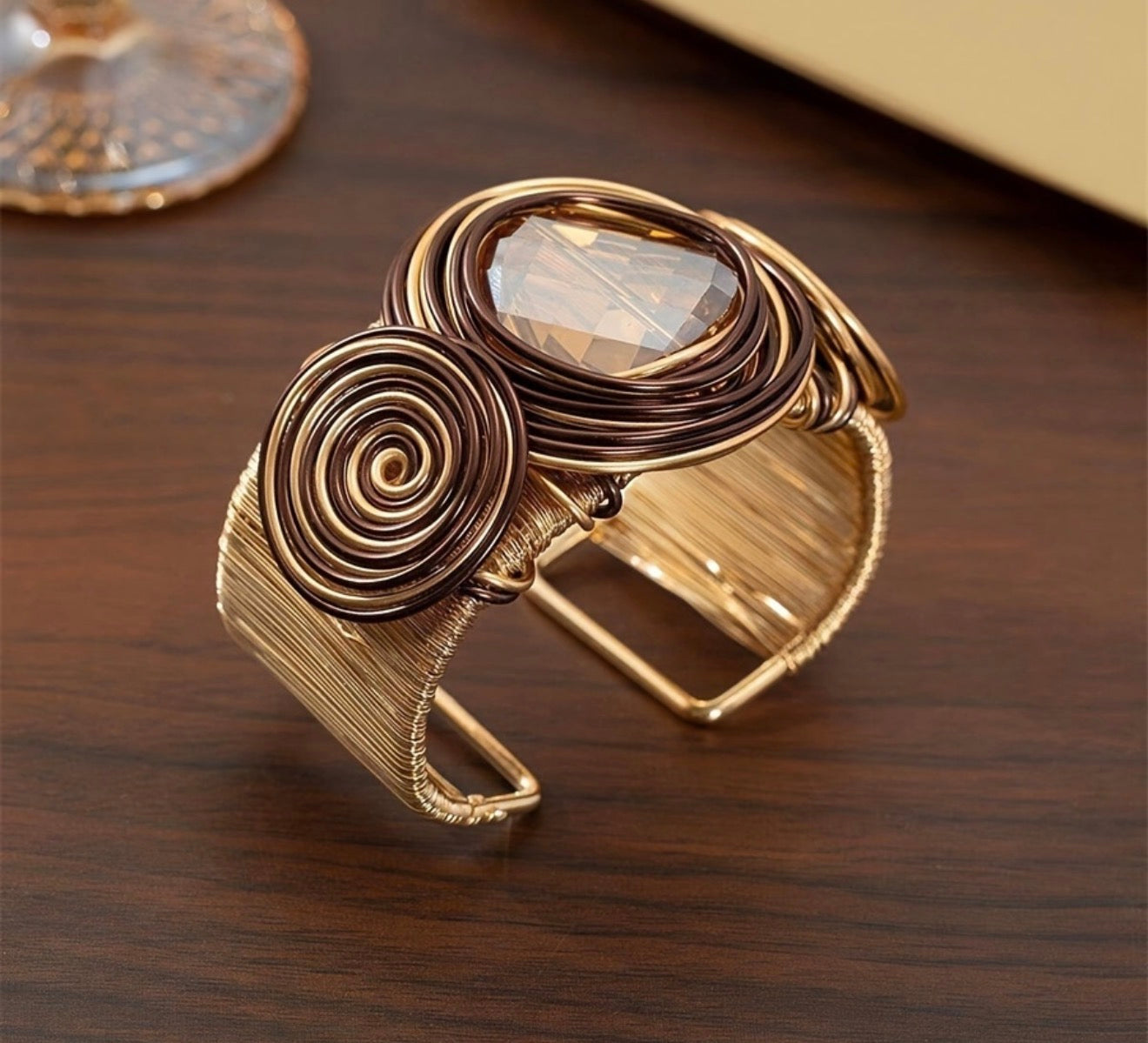 Bohemian Hand-Wound Multi-Layer Wire Wrapped Cuff Bracelet with Center Gemstone