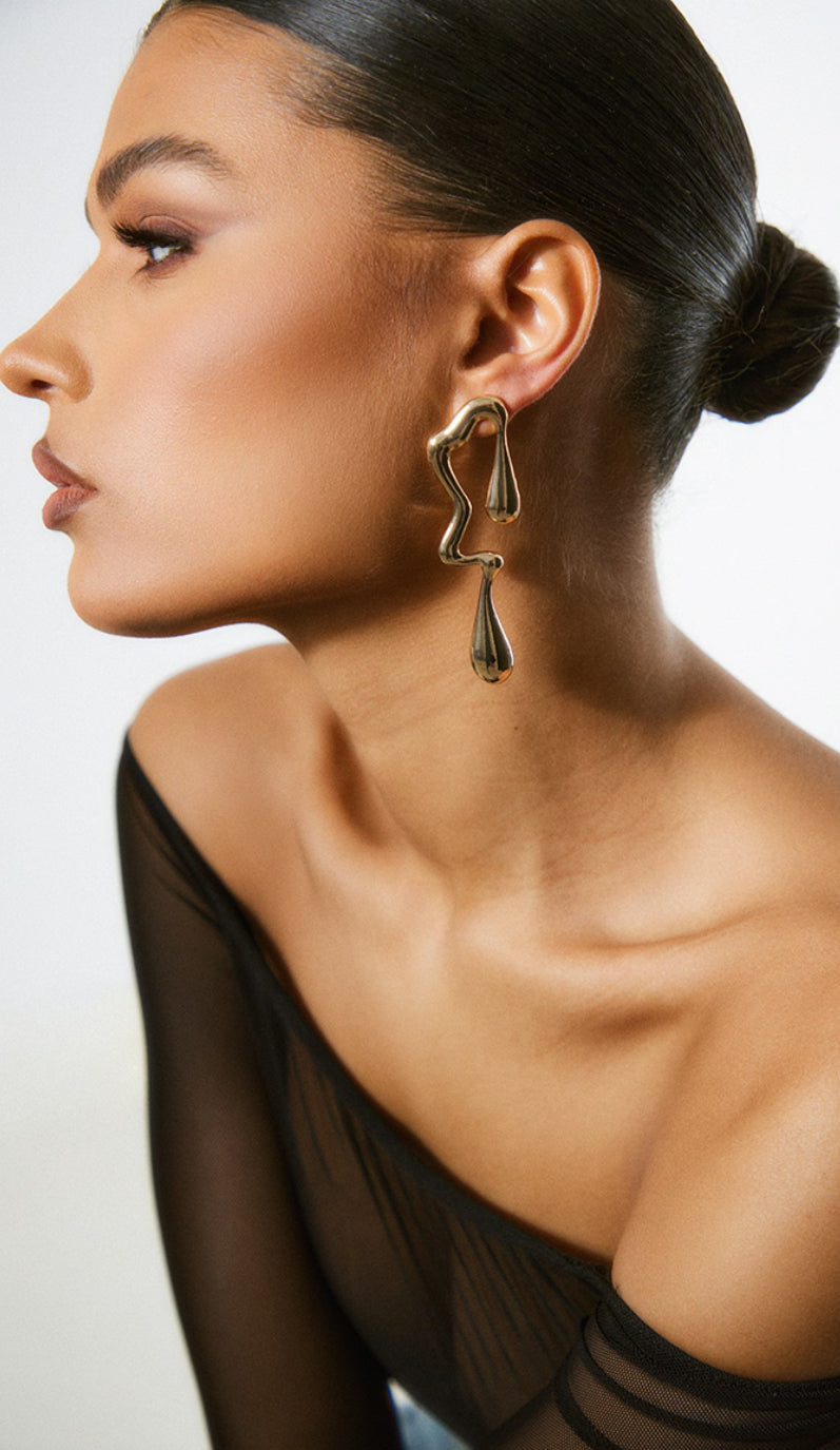 Gold Abstract Curved Drop Statement Earrings