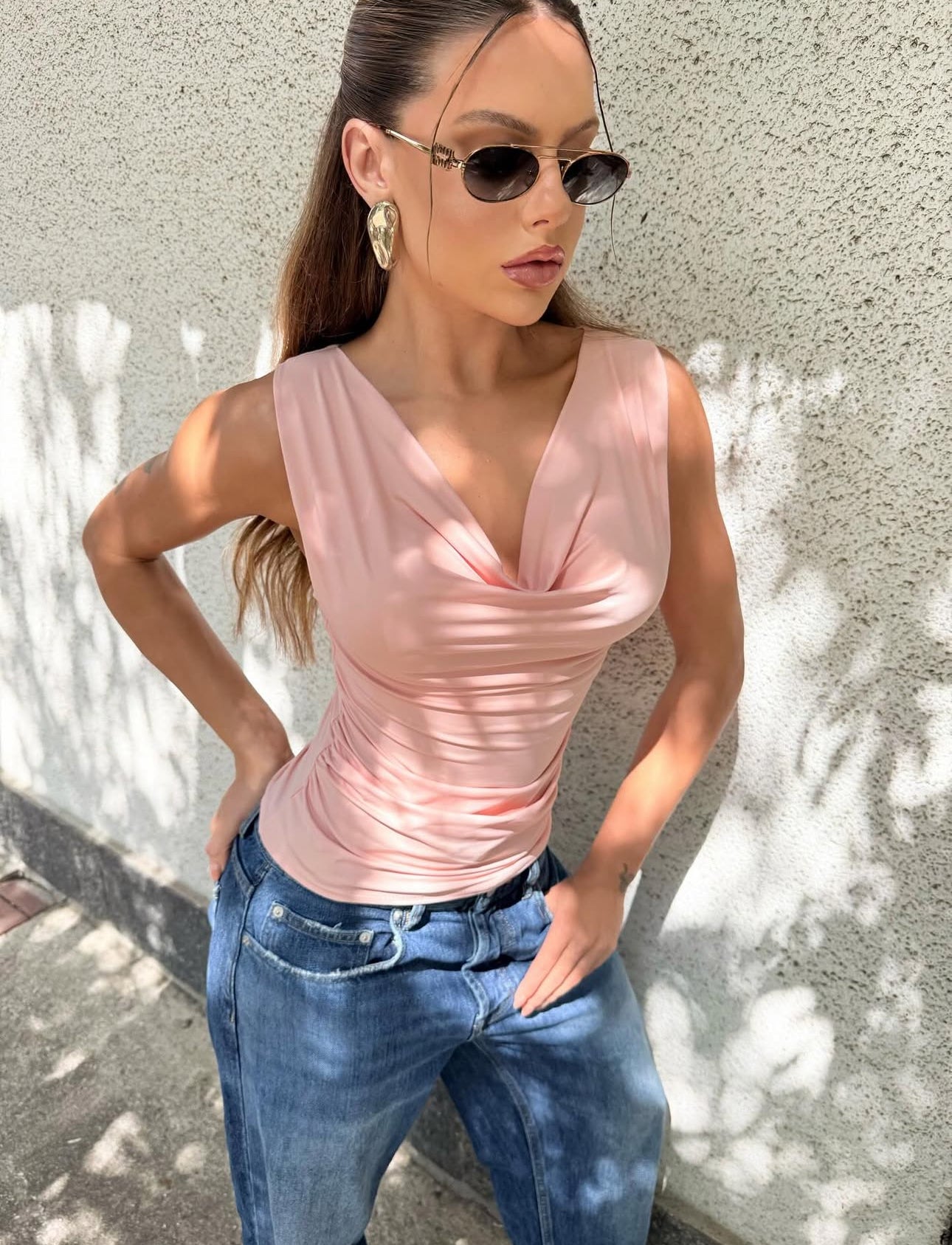 Ruffled Polyamide Blouse w/ Boba Collar