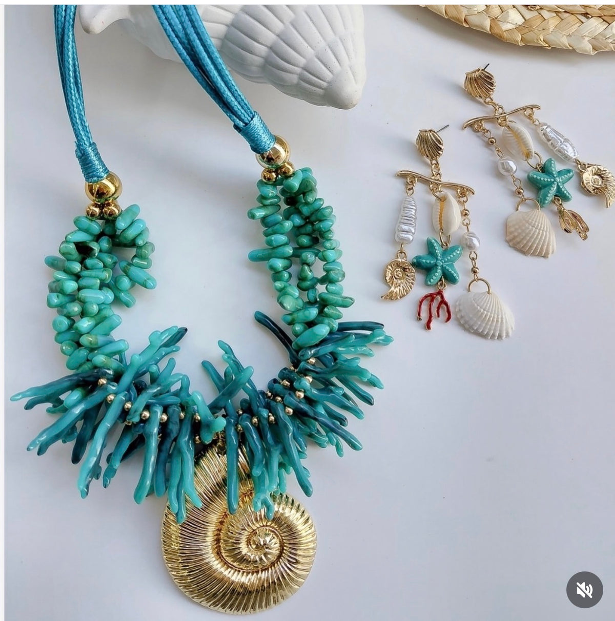 Turquoise Coral Statement Necklace with Gold Shell Pendant