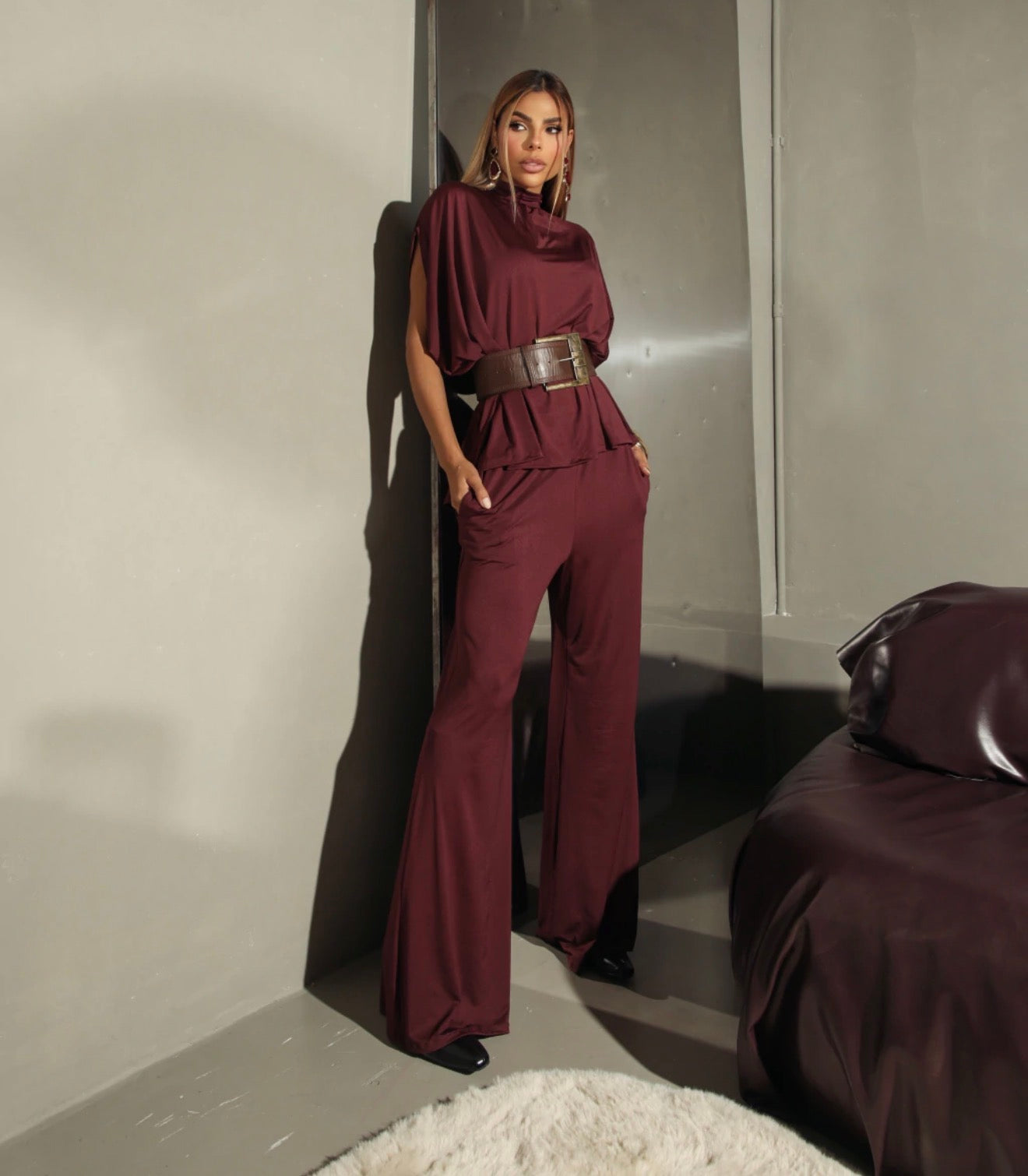 Keziah Draped Cape Top & Wide-Leg Pants Set