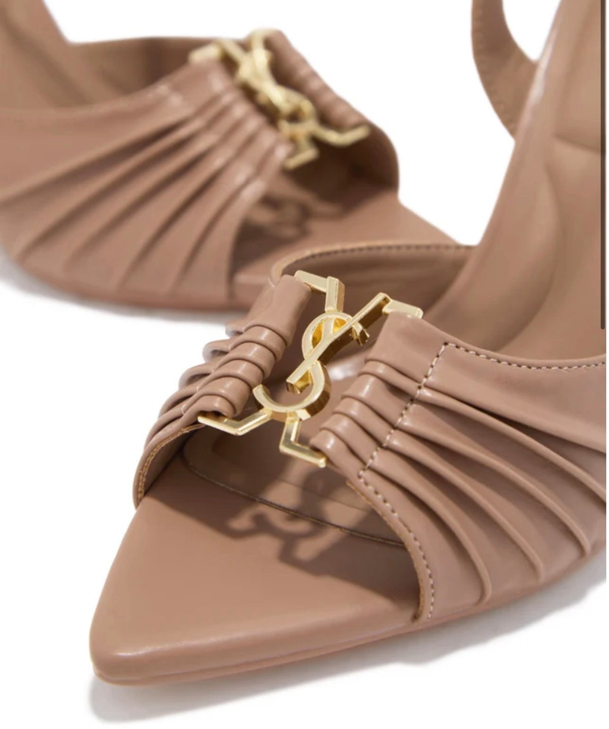Ruched Ankle-Strap Heels with Gold-Tone Detail
