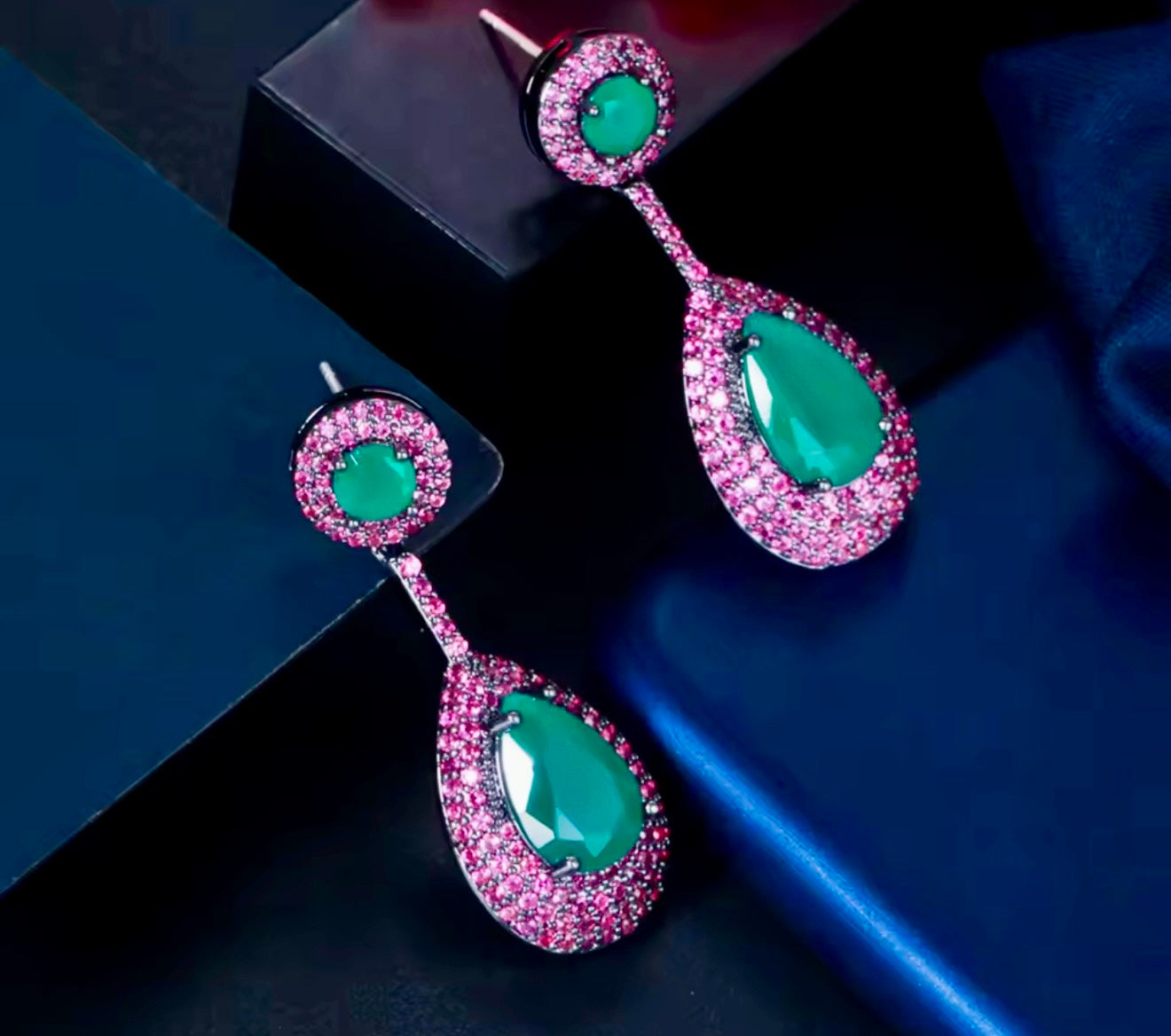 Pera Brazilian Emerald Green , Fuchsia Cubic Zirconia CZ Long Big Waterdrop Dangle Drop Earrings