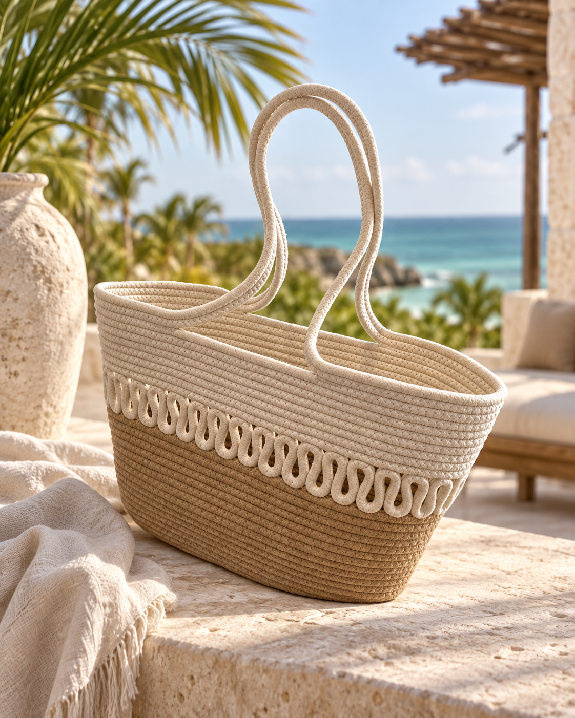Ivory Coastal Woven Tote Bag