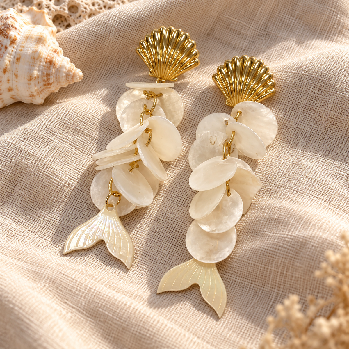 Gold-Tone Shell & Mermaid Tail Statement Earrings