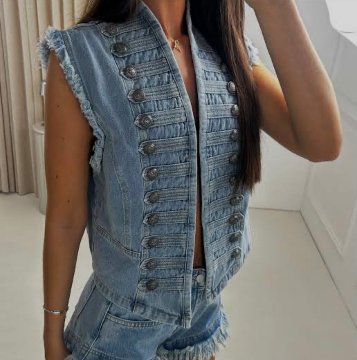 Blue Denim Button-Detail Vest