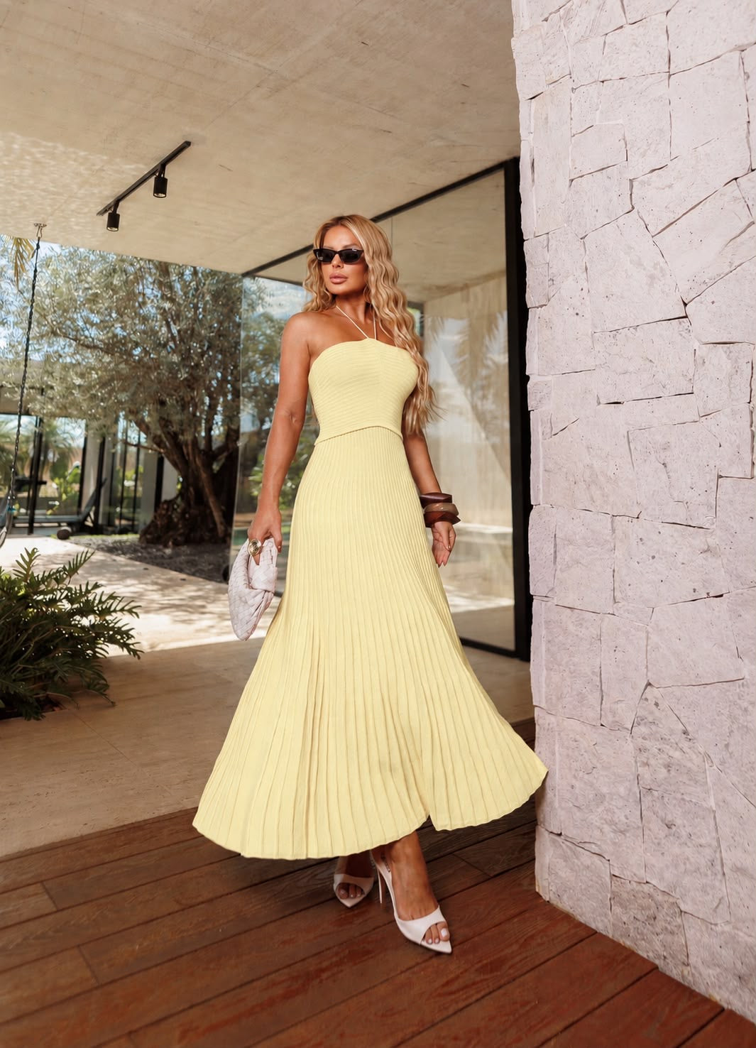 Butter Yellow Pleated Knit Maxi Dress