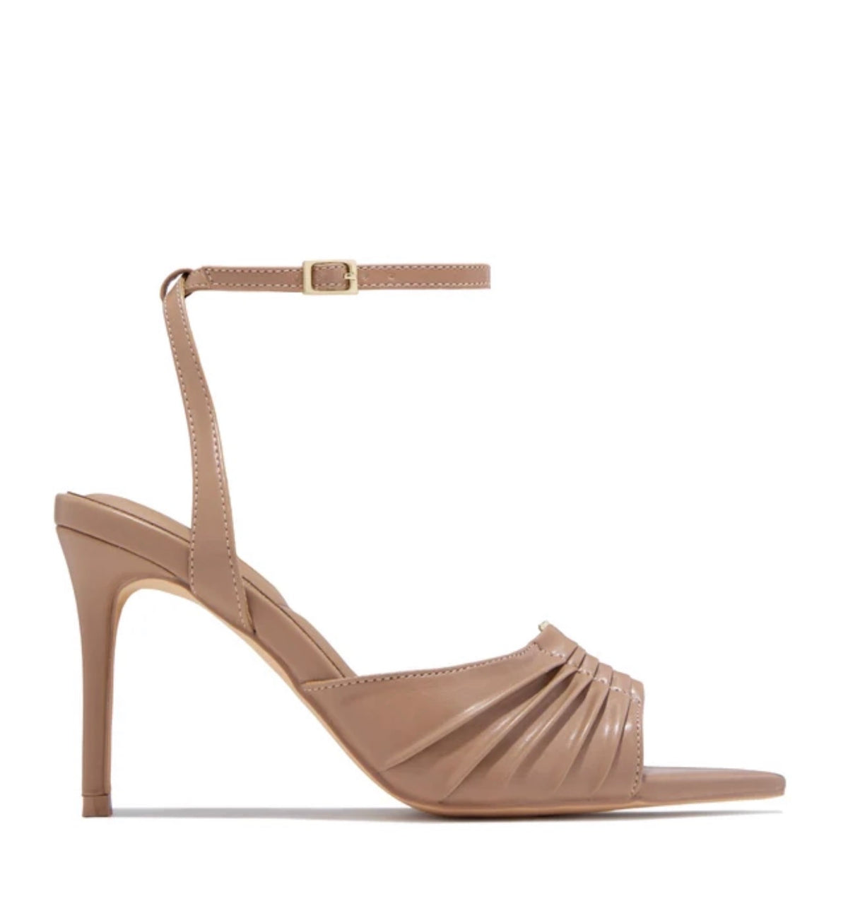 Ruched Ankle-Strap Heels with Gold-Tone Detail
