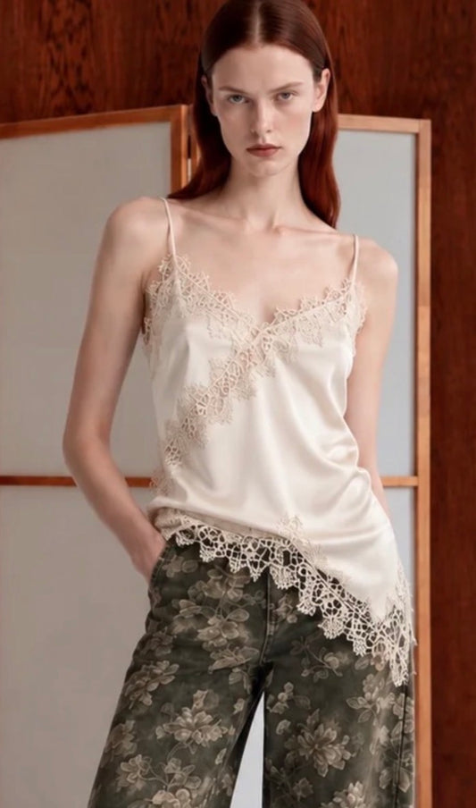 Satin Lace-Trim Cami Top