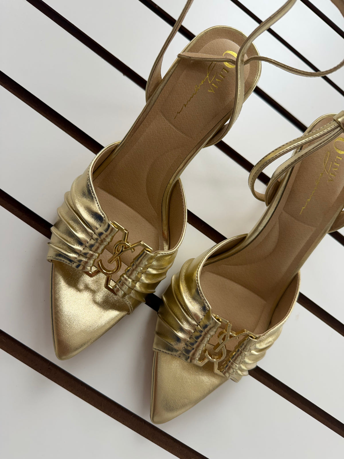 Ruched Ankle-Strap Heels with Gold-Tone Detail