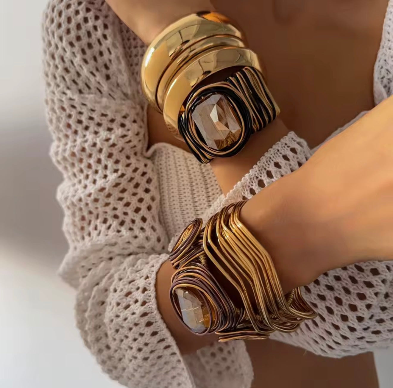 Bohemian Hand-Wound Multi-Layer Wire Wrapped Cuff Bracelet with Center Gemstone