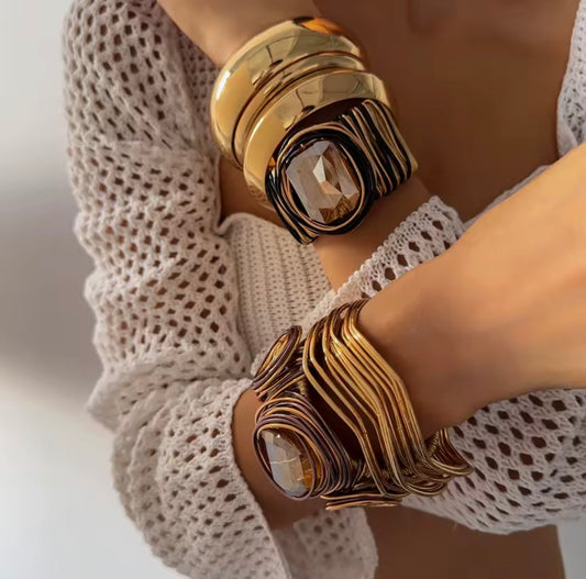 Bohemian Hand-Wound Multi-Layer Wire Wrapped Cuff Bracelet with Center Gemstone