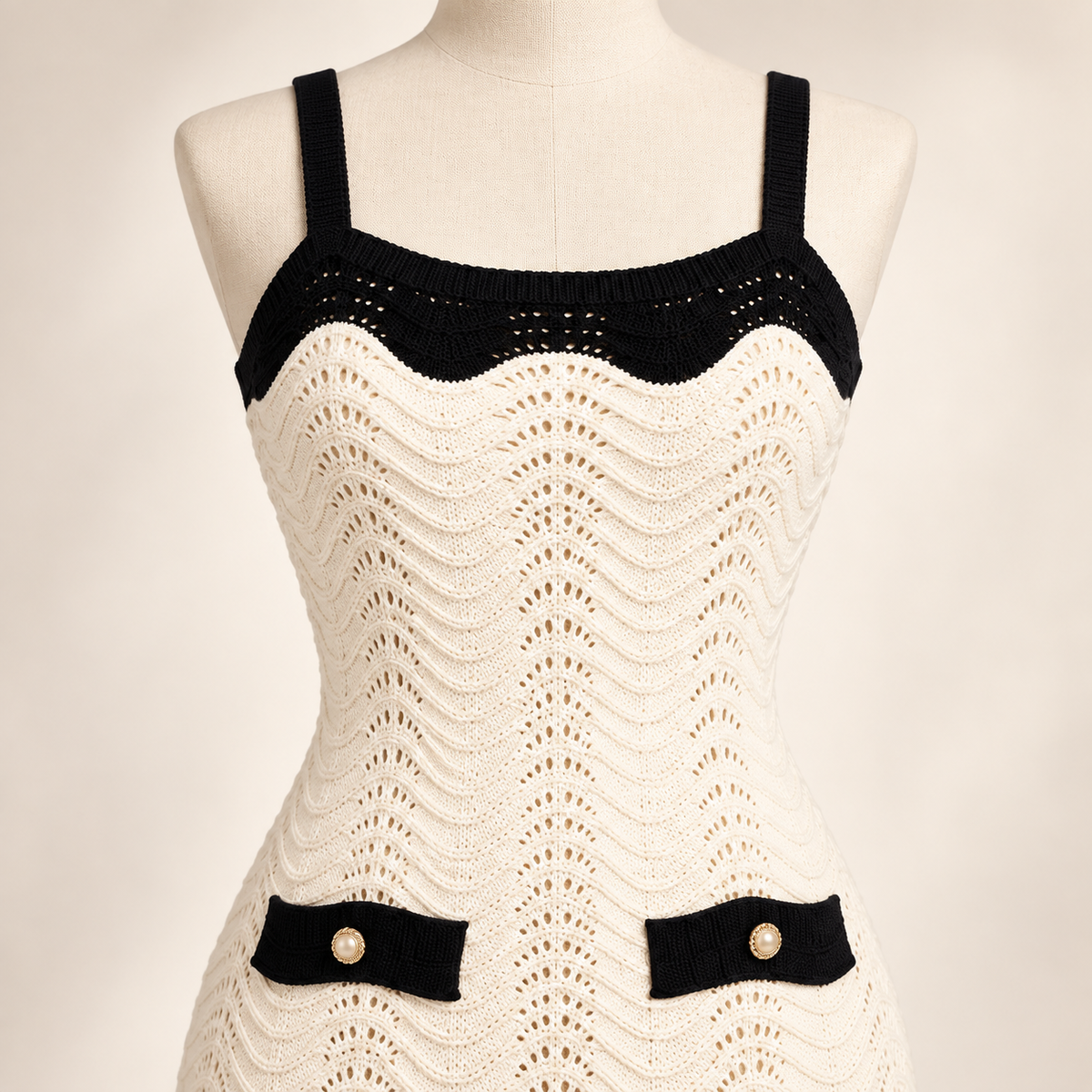 Ivory & Black Crochet Knit Mini Dress