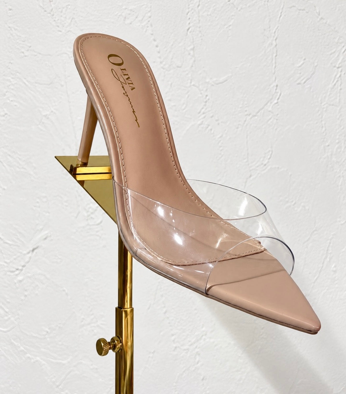 Blush Nude Clear Strap Stiletto Mule Heels