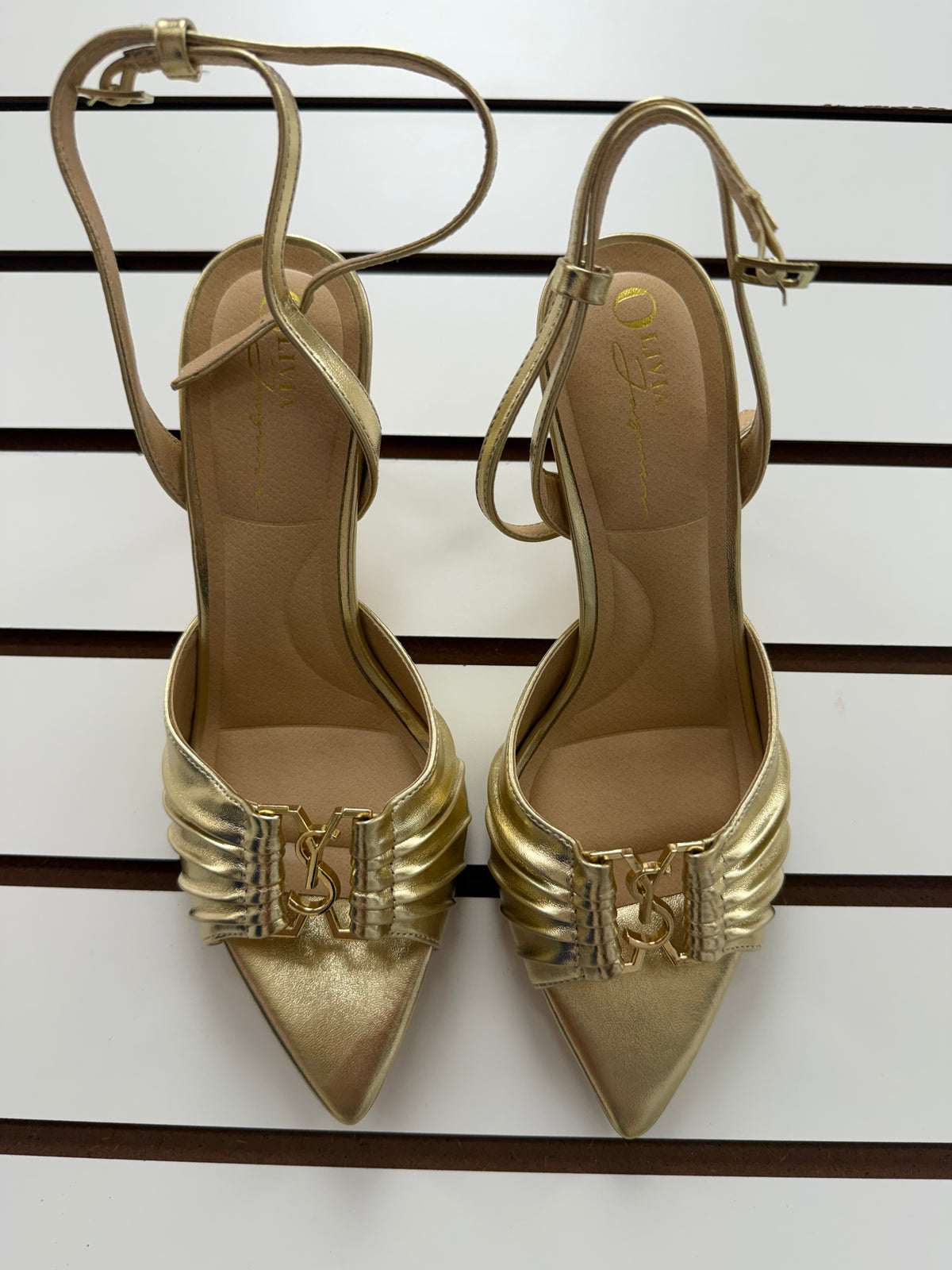 Ruched Ankle-Strap Heels with Gold-Tone Detail
