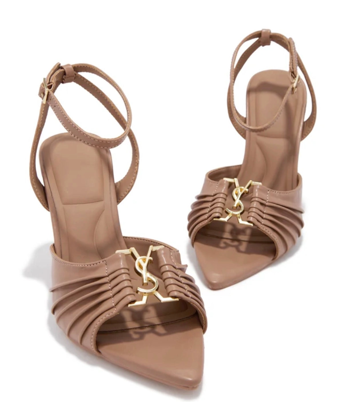 Ruched Ankle-Strap Heels with Gold-Tone Detail