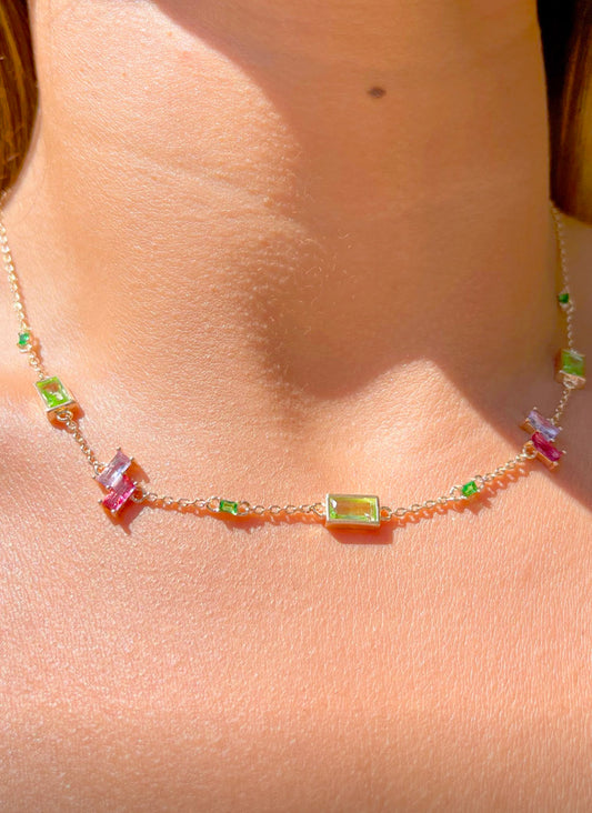 Bloom Green Amethyst, Pink Tourmaline, and Tanzanite Crystals 18K Gold plated necklace