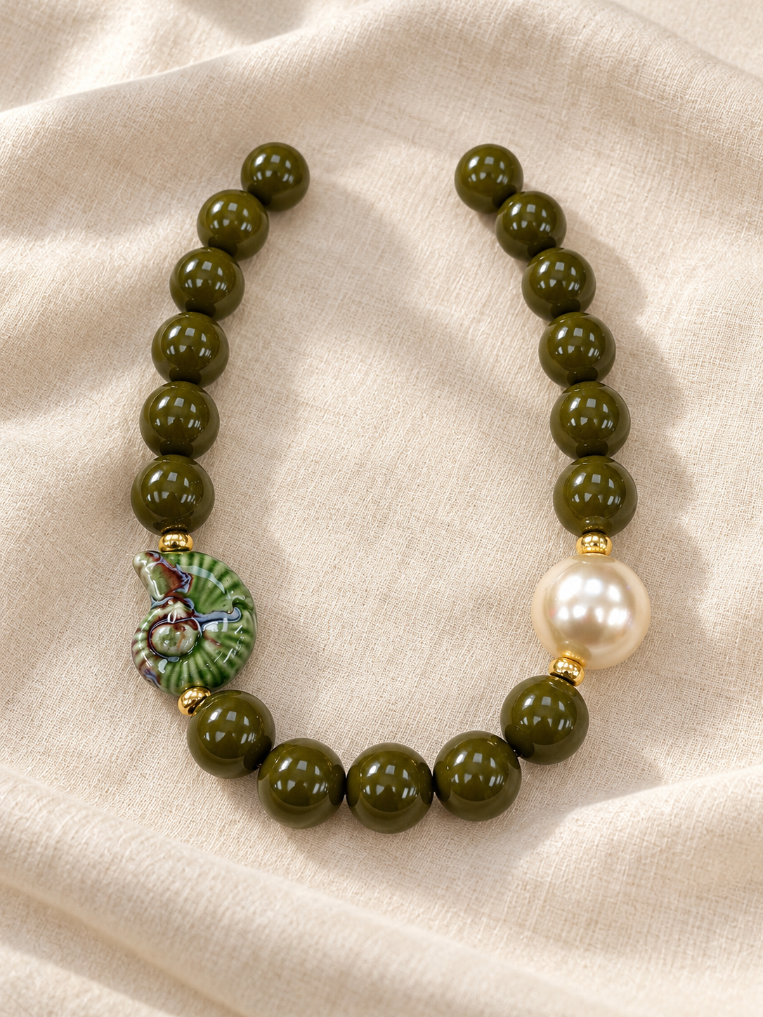 Pearl Beaded Necklace with Shell  Accents
