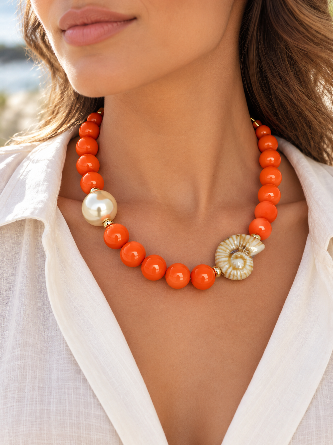 Pearl Beaded Necklace with Shell  Accents