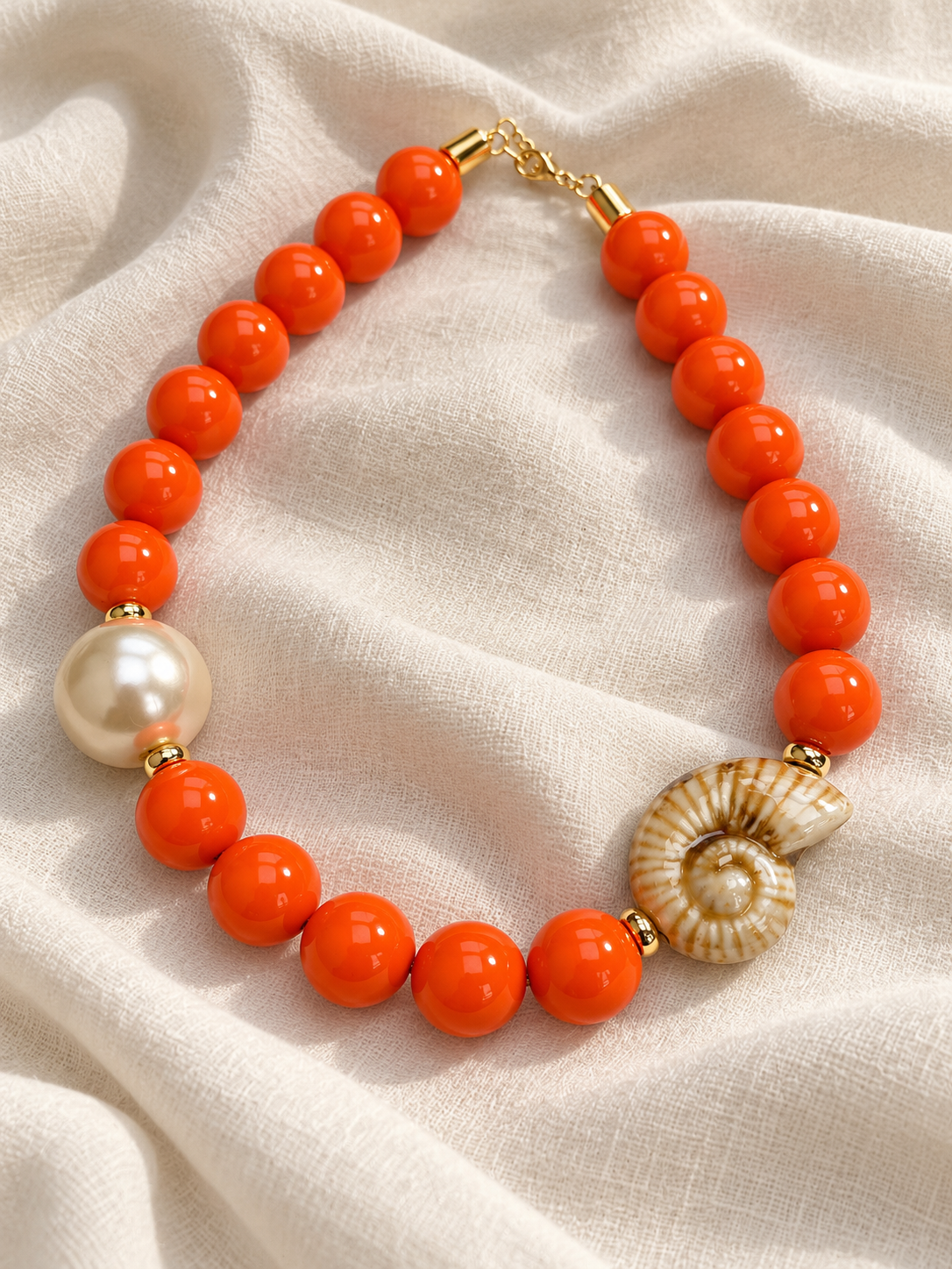 Pearl Beaded Necklace with Shell  Accents