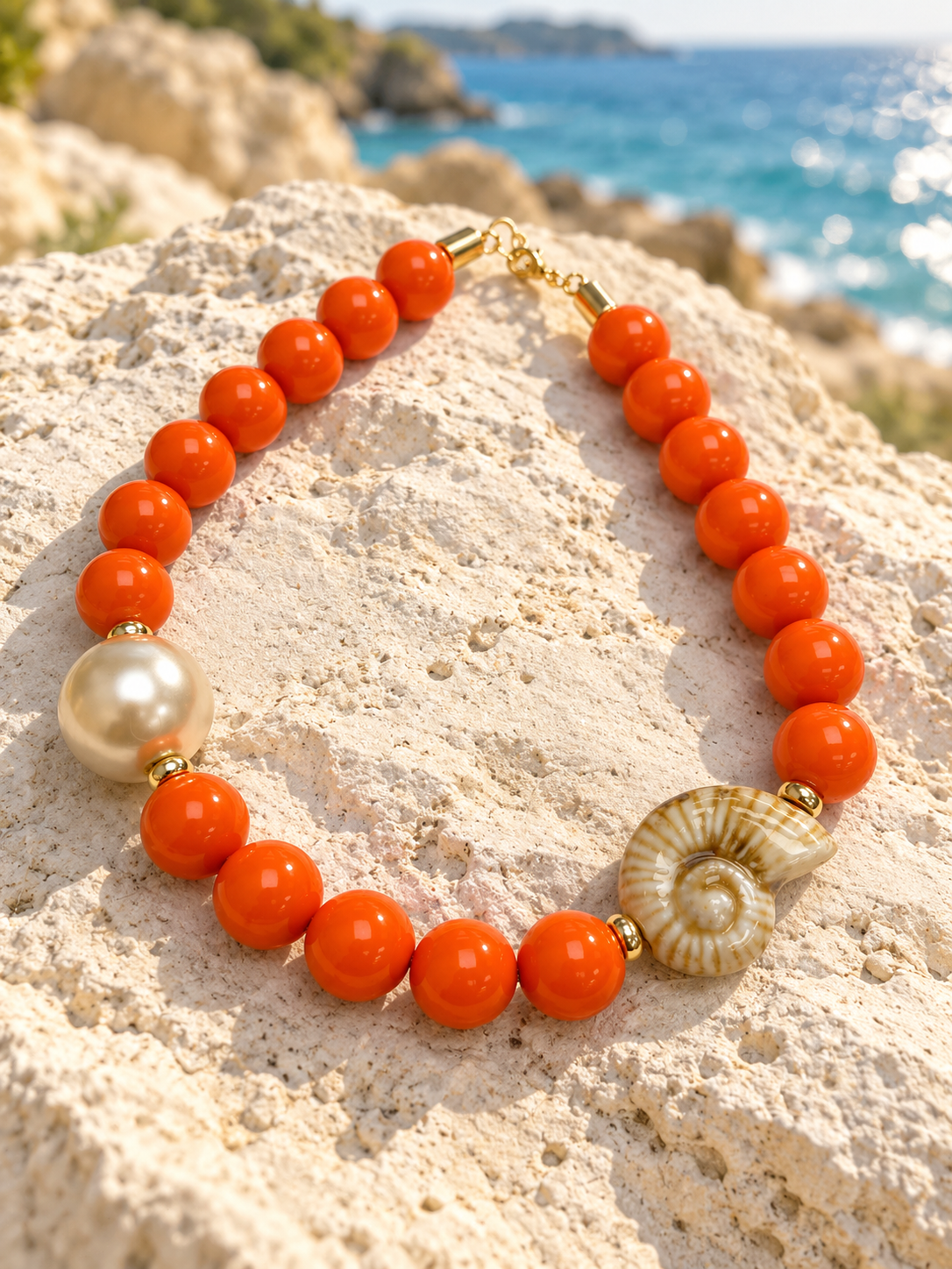 Pearl Beaded Necklace with Shell  Accents