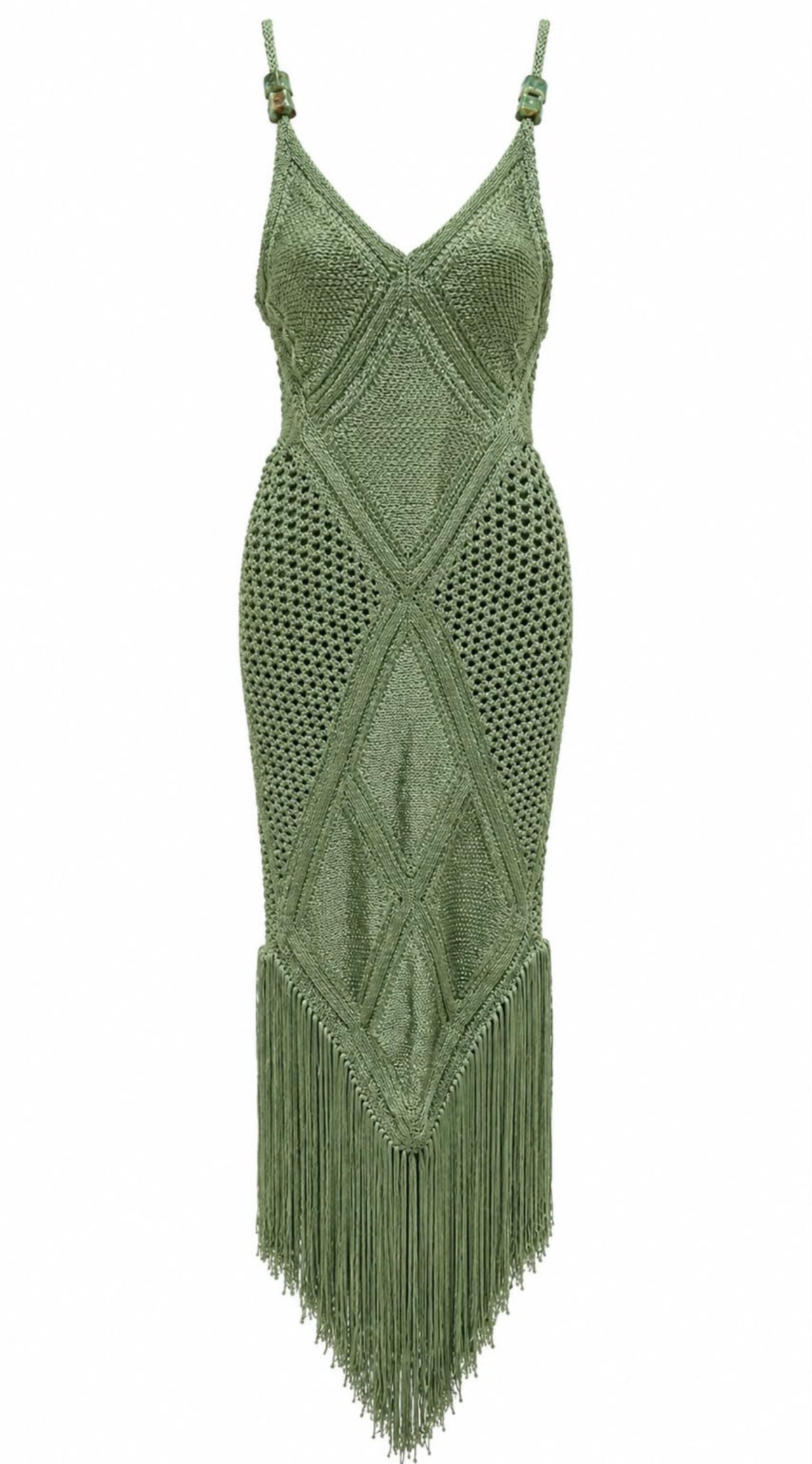 Santorini Green Crochet Fringe Midi Dress