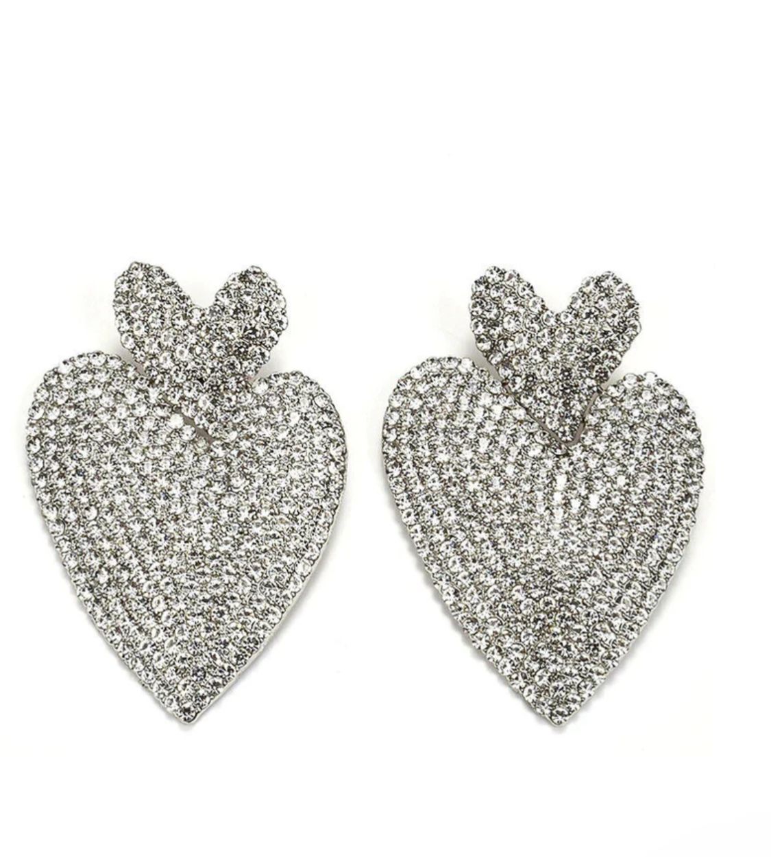 double heart sparkling dangle statement earrings cubic zirconia rhinestone drop studs