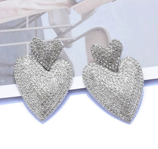 double heart sparkling dangle statement earrings cubic zirconia rhinestone drop studs