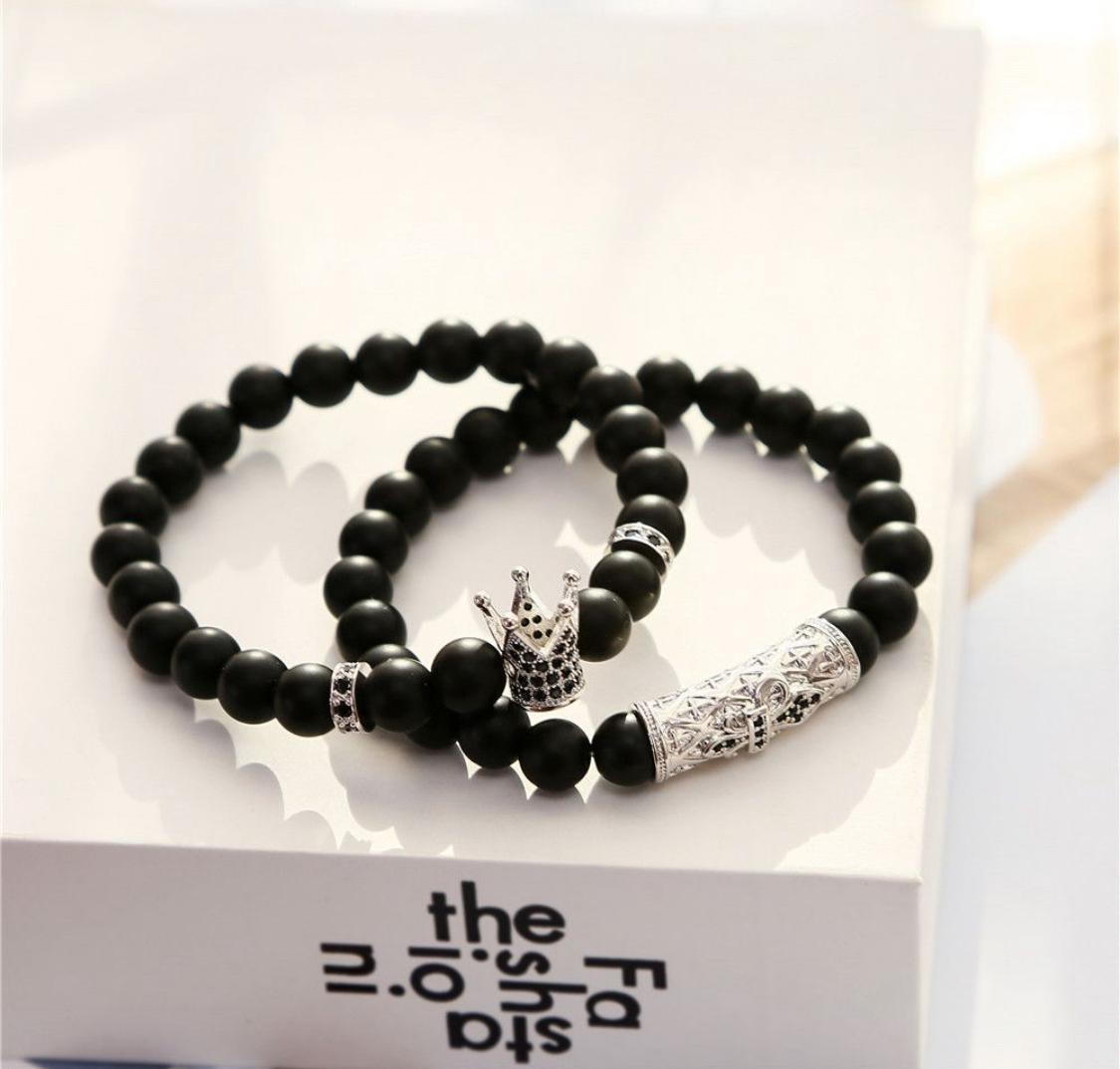 KAMRESH Black Onyx Stone Bracelets with King Crown Charm Set