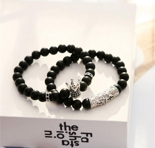 KAMRESH Black Onyx Stone Bracelets with King Crown Charm Set