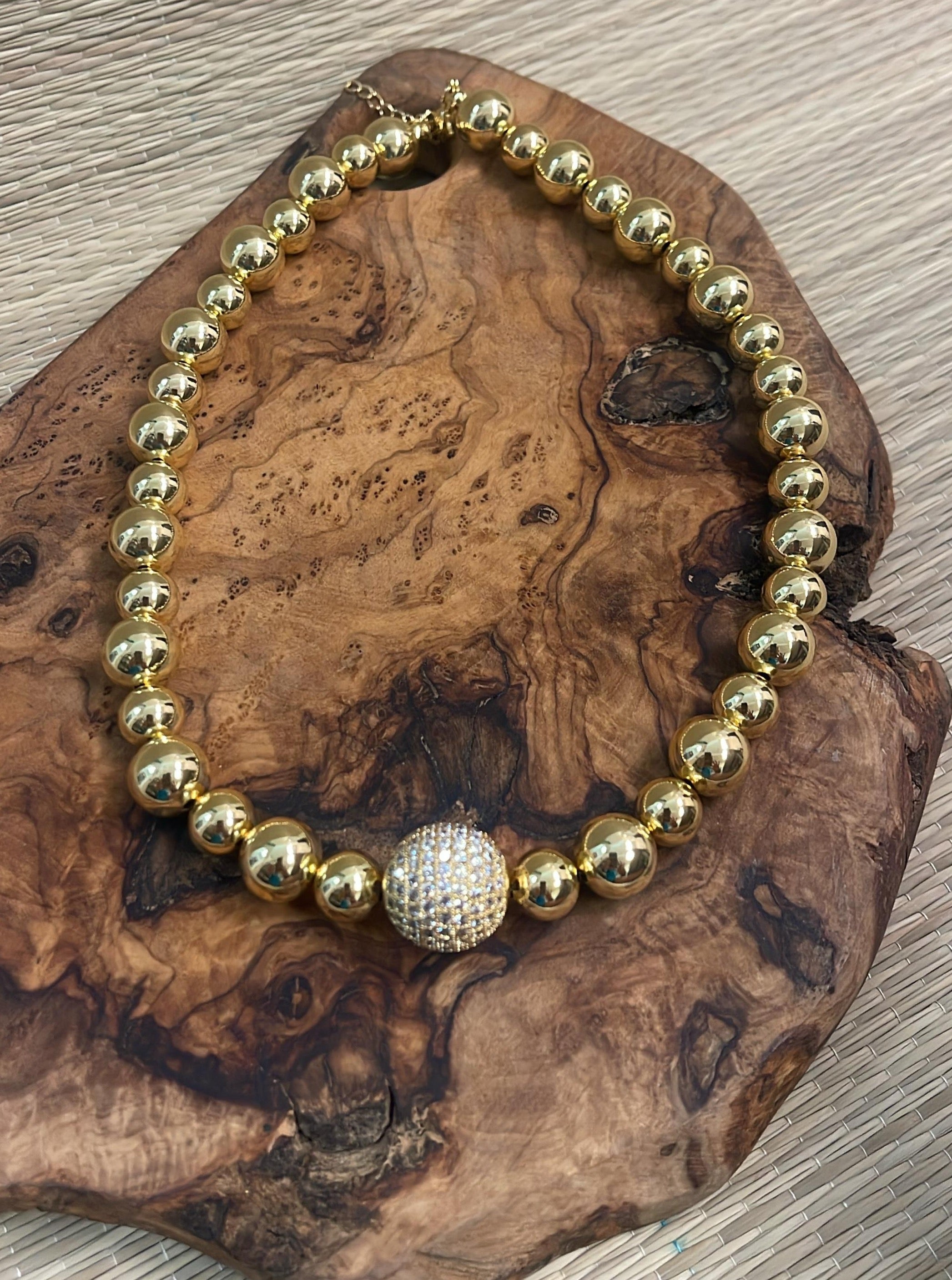 4mm Gold Necklace with 18KT Gold filled Jeweled Disco Ball