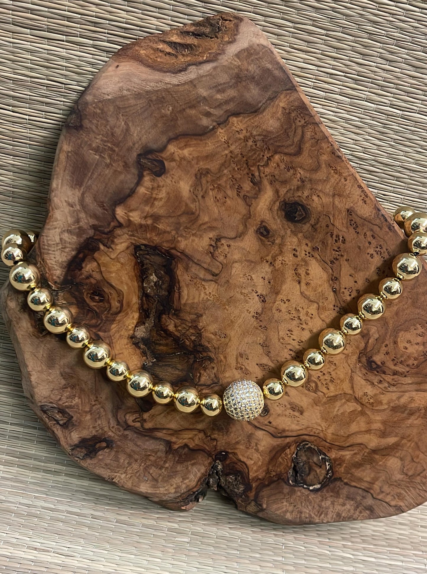 4mm Gold Beaded Necklace with Jeweled Disco Ball